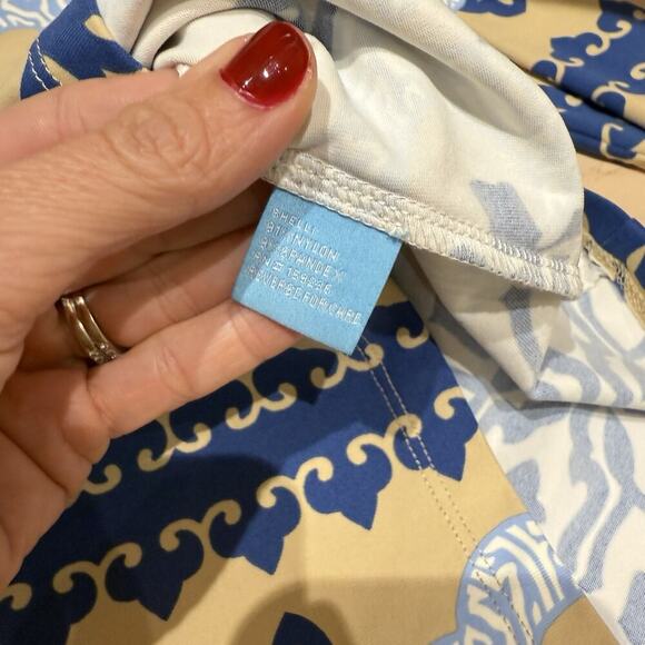 J. McLaughlin Catalina Cloth Top Women’s Size M Tan Blue Print Stretch Shirt - Picture 10 of 11